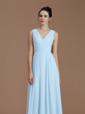 A-Line/Princess V-neck Sleeveless Ruched Floor-Length Chiffon Bridesmaid Dresses TPP0005037