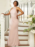 Sheath/Column Silk like Satin Ruched Halter Sleeveless Floor-Length Bridesmaid Dresses TPP0004984