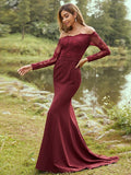 Sheath/Column Stretch Crepe Applique Off-the-Shoulder Long Sleeves Sweep/Brush Train Bridesmaid Dresses TPP0004985