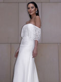 Sheath/Column Lace Ruffles Off-the-Shoulder Short Sleeves Sweep/Brush Train Wedding Dresses TPP0006510