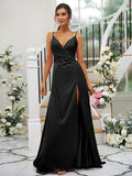 A-Line/Princess Silk like Satin Ruched V-neck Sleeveless Floor-Length Bridesmaid Dresses TPP0004934