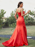 Sheath/Column Satin Ruched Strapless Sleeveless Sweep/Brush Train Dresses TPP0001499