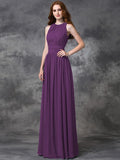 A-line/Princess Jewel Ruched Sleeveless Long Chiffon Bridesmaid Dresses TPP0005189