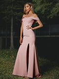 Sheath/Column Stretch Crepe Ruffles Off-the-Shoulder Sleeveless Sweep/Brush Train Bridesmaid Dresses TPP0004955