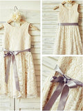 A-line/Princess Scoop Sleeveless Bowknot Tea-Length Lace Flower Girl Dresses TPP0007797