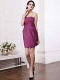 Sheath/Column Strapless Sleeveless Pleats Short Elastic Woven Satin Bridesmaid Dresses TPP0005866