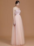 A-Line/Princess Bateau Sleeveless Floor-Length Applique Tulle Bridesmaid Dresses TPP0005365