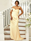 Sheath/Column Elastic Woven Satin Ruched One-Shoulder Sleeveless Sweep/Brush Train Bridesmaid Dresses TPP0004986