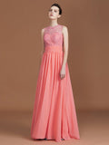 A-Line/Princess Jewel Sleeveless Lace Floor-Length Chiffon Bridesmaid Dresses TPP0005806