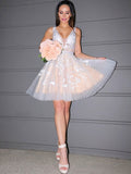 A-Line/Princess V-neck Tulle Applique Sleeveless Short/Mini Homecoming Dresses TPP0003503