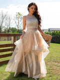 A-Line/Princess Tulle Beading Scoop Sleeveless Floor-Length Two Piece Dresses TPP0001419