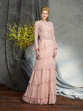 Sheath/Column Scoop Ruffles Long Sleeves Long Chiffon Mother of the Bride Dresses TPP0007282