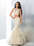 Trumpet/Mermaid Sheer Neck Beading Sleeveless Long Tulle Two Piece Dresses TPP0002191