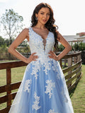 A-Line/Princess Tulle Applique V-neck Sleeveless Sweep/Brush Train Dresses TPP0001441