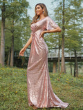 Sheath/Column Sequins Ruched V-neck Short Sleeves Sweep/Brush Train Bridesmaid Dresses TPP0004932