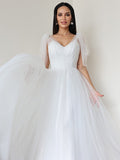 A-Line/Princess Tulle Ruffles V-neck Sleeveless Floor-Length Wedding Dresses TPP0007026