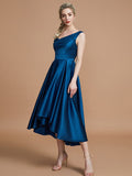 A-Line/Princess V-neck Satin Asymmetrical Sleeveless Bridesmaid Dresses TPP0005395