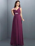 A-Line/Princess V-neck Beading Pleats Sleeveless Long Chiffon Bridesmaid Dresses TPP0005270