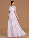 A-Line/Princess Jewel Sleeveless Floor-Length Ruched Chiffon Bridesmaid Dresses TPP0005645