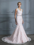 Trumpet/Mermaid V-neck Sleeveless Applique Tulle Court Train Wedding Dresses TPP0006470