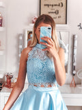 A-Line/Princess Satin Lace Sleeveless Halter Short/Mini Two Piece Homecoming Dresses TPP0004654