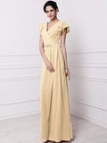 Sheath/Column V-neck Short Sleeves Pleats Long Chiffon Bridesmaid Dresses TPP0005438