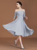 A-Line/Princess Off-the-Shoulder Short Sleeves Lace Tea-Length Chiffon Bridesmaid Dress TPP0005561