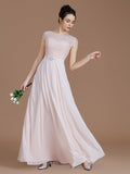 A-Line/Princess Bateau Sleeveless Lace Floor-Length Chiffon Bridesmaid Dresses TPP0005198