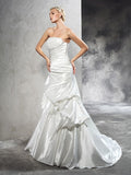 Sheath/Column Strapless Pleats Sleeveless Long Satin Wedding Dresses TPP0006965