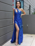 Sheath/Column Sequins Ruched One-Shoulder Sleeveless Sweep/Brush Train Dresses