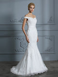 Trumpet/Mermaid Off-the-Shoulder Sleeveless Lace Sweep/Brush Train Tulle Wedding Dresses TPP0006423