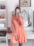 A-Line/Princess Bateau Long Sleeves Short/Mini Applique Chiffon Homecoming Dresses TPP0004687