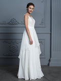 A-Line/Princess Scoop Sleeveless Ruffles Floor-Length Chiffon Wedding Dresses TPP0006839