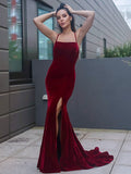 Sheath/Column Velvet Ruched Spaghetti Straps Sleeveless Sweep/Brush Train Dresses TPP0001639