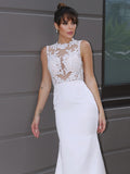 Trumpet/Mermaid Sleeveless Applique Scoop Satin Court Train Wedding Dresses TPP0006530