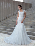 Trumpet/Mermaid V-neck Applique Sleeveless Long Lace Wedding Dresses TPP0006368