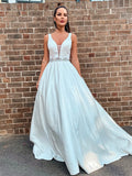 A-Line/Princess Satin V-neck Beading Sleeveless Court Train Wedding Dresses TPP0006109