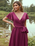 A-Line/Princess Chiffon Ruffles V-neck Short Sleeves Floor-Length Bridesmaid Dresses TPP0004981