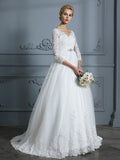 Ball Gown V-neck 3/4 Sleeves Court Train Lace Tulle Wedding Dresses TPP0006428