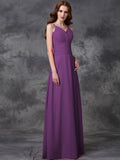 A-line/Princess Spaghetti Straps Ruffles Sleeveless Long Chiffon Bridesmaid Dresses TPP0005677