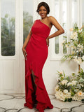 Sheath/Column Stretch Crepe Ruched One-Shoulder Sleeveless Sweep/Brush Train Bridesmaid Dresses TPP0004982