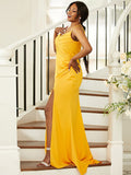 Sheath/Column Jersey Ruched Spaghetti Straps Sleeveless Sweep/Brush Train Bridesmaid Dresses TPP0004988