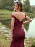 Sheath/Column Stretch Crepe Applique Off-the-Shoulder Sleeveless Sweep/Brush Train Bridesmaid Dresses TPP0004931