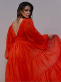 A-Line/Princess V-neck Long Sleeves 3D Chiffon Ruffles Sweep/Brush Train Dresses TPP0001444