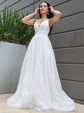 A-Line/Princess Lace Ruched V-neck Sleeveless Sweep/Brush Train Wedding Dresses TPP0006312