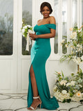 Sheath/Column Jersey Ruffles Off-the-Shoulder Sleeveless Sweep/Brush Train Bridesmaid Dresses TPP0004980