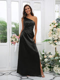 Sheath/Column Elastic Woven Satin Ruched One-Shoulder Sleeveless Floor-Length Bridesmaid Dresses TPP0004908