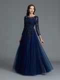 A-Line/Princess Long Sleeves Scoop Beading Floor-Length Tulle Mother of the Bride Dresses TPP0007069