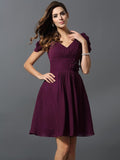 A-Line/Princess V-neck Hand-Made Flower Short Sleeves Short Chiffon Bridesmaid Dresses TPP0005481