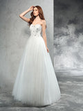 A-Line/Princess Sweetheart Beading Sleeveless Long Net Wedding Dresses TPP0006846